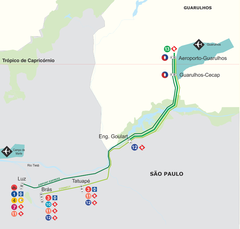 mapa de la línea 13-Jade que conecta el centro de Sao Paulo con el aeropuerto Guarulhos