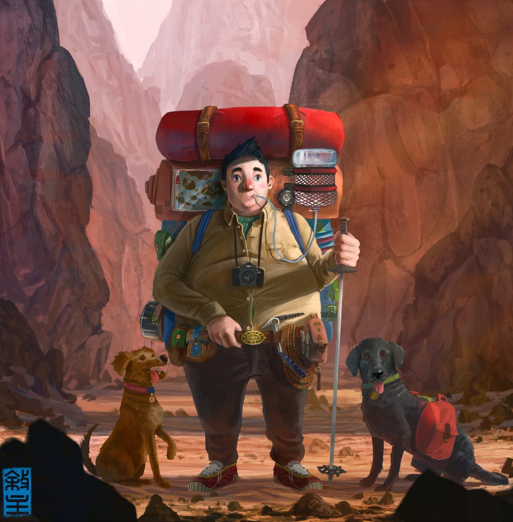 ilustración del mochilero y sus perros
