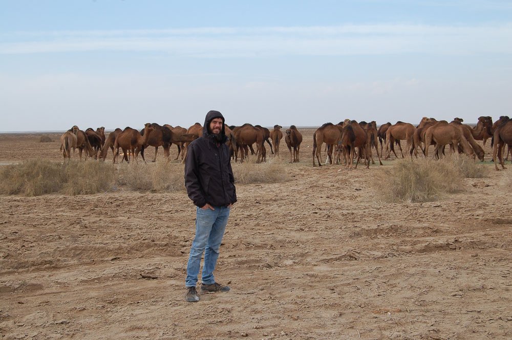 Daniel Satué con una manada de camellos en su vuelta al mundo de mochilero