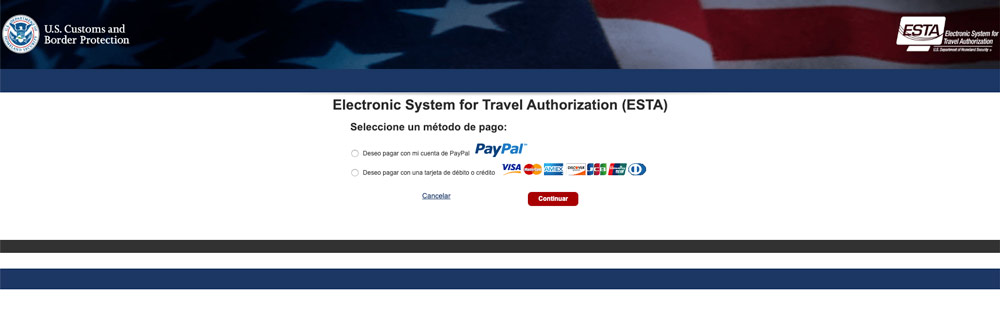 Pago de la autorización ESTA de Estados Unidos con PayPal o tarjetas