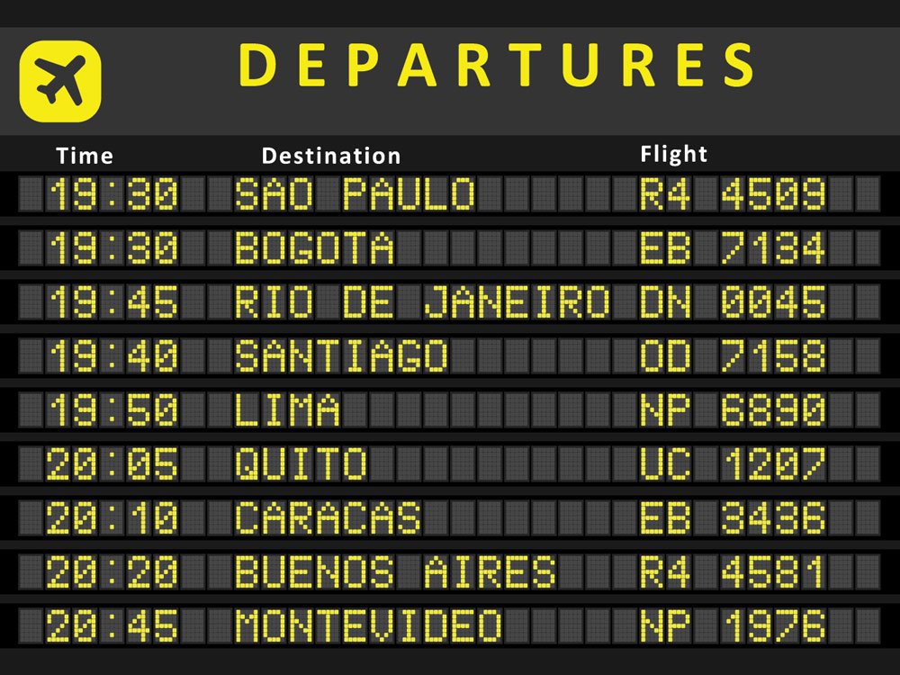 Panel de destinos y salidas en un aeropuerto