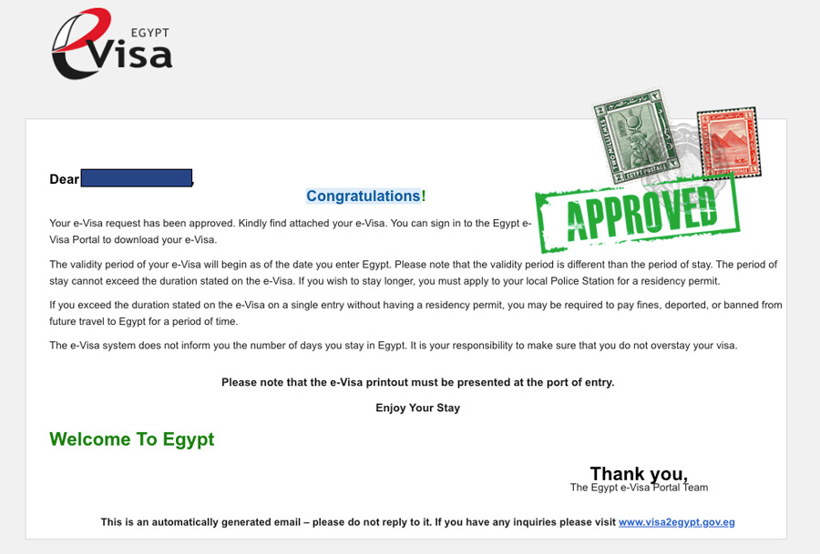 email de confirmación aprobación visado Egipto