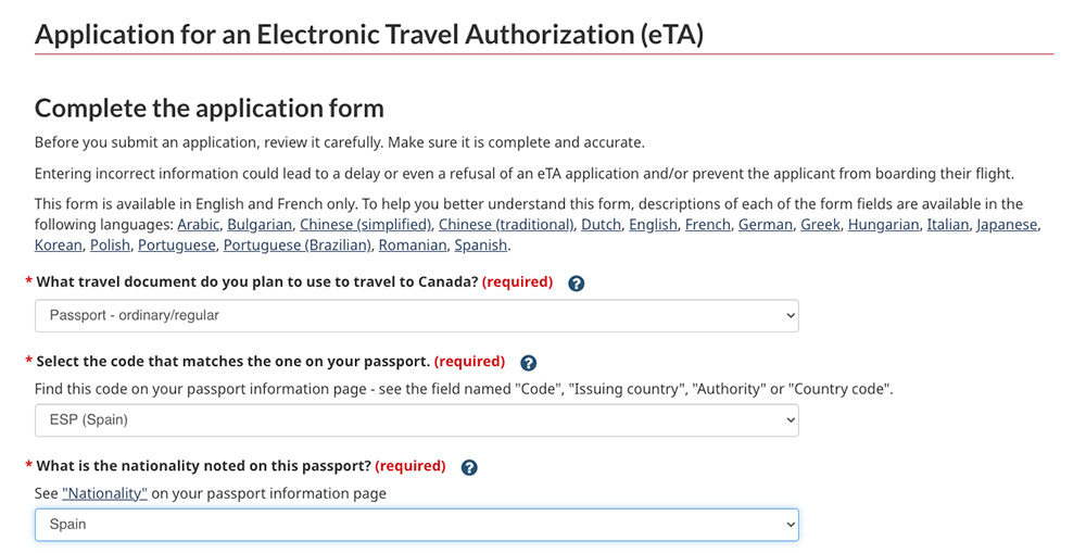 Formulario eTA para obtener la visa para Canadá