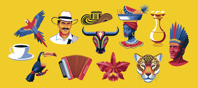 Ilustración con los grandes símbolos nacionales de Colombia