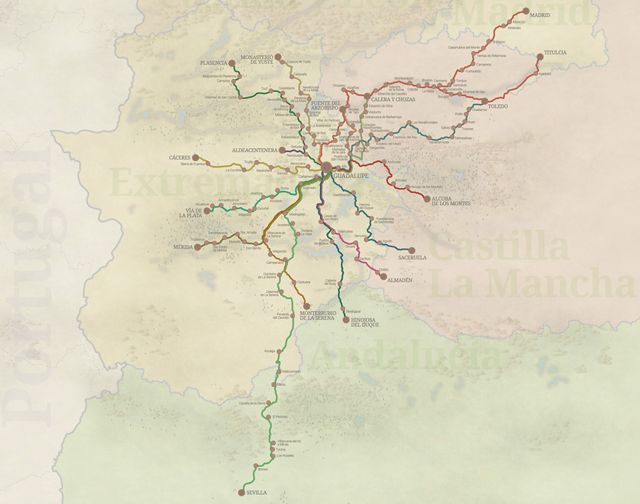 Mapa de los caminos de peregrinación hacia Guadalupe