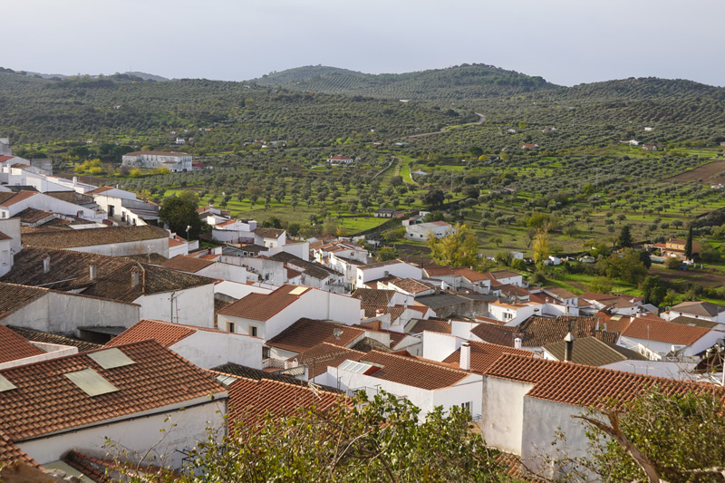 Vista de Segura de León y sus campos desde el castillo de la localidad.