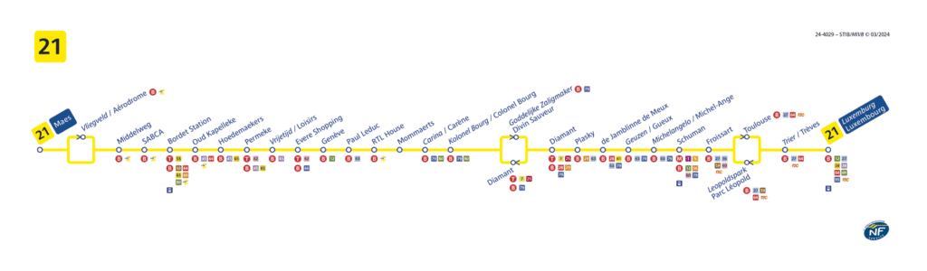 Mapa de las estaciones del autobús 21 que conecta el aeropuerto de Bruselas con el centro 